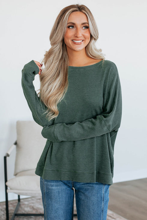Waffle Knit Drop Shoulder Wide Crewneck Banded Hem Loose Fit Top